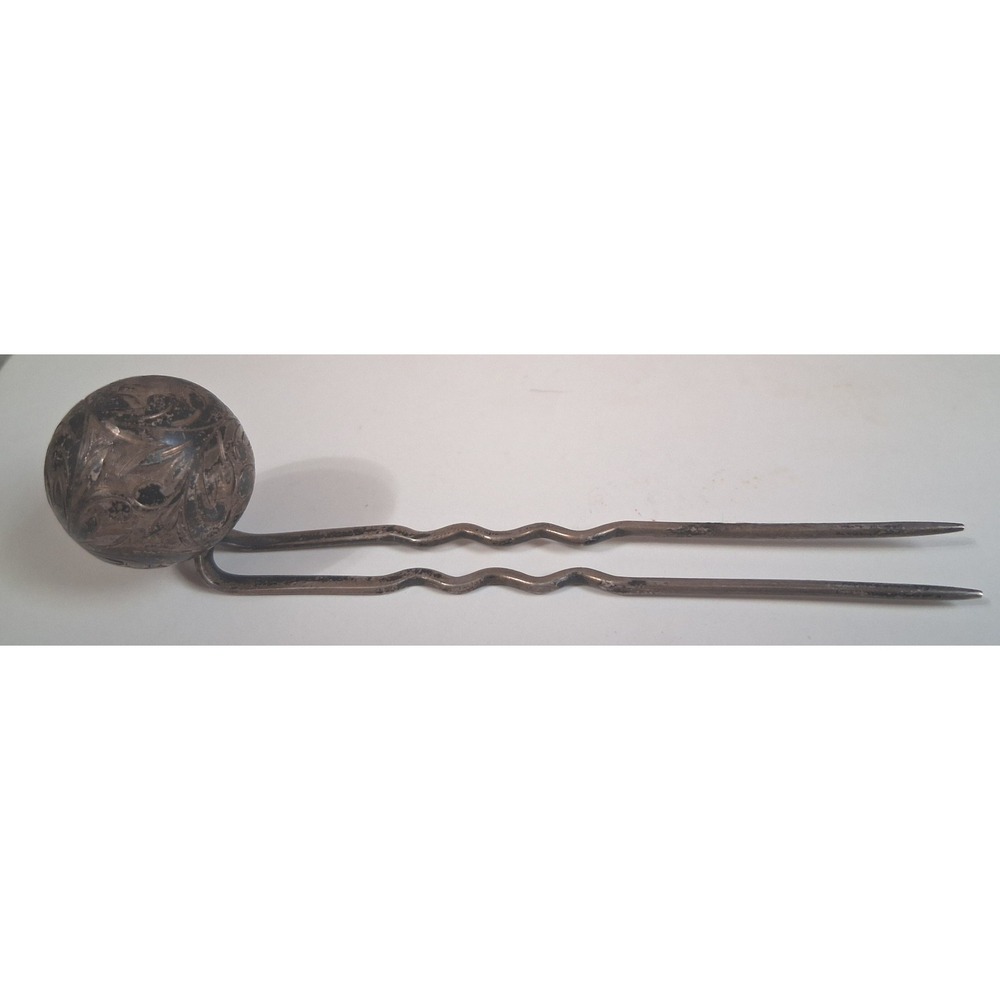 Antique Sterling Silver Repousse Floral Ball Hair Pin‎ Fork 3.75 Inch Vintage
